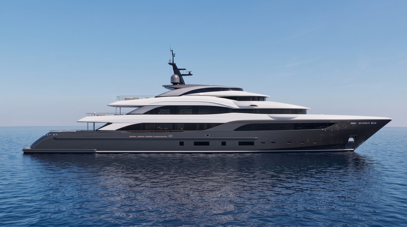Clean side elevation exterior render of a motor yacht at anchor