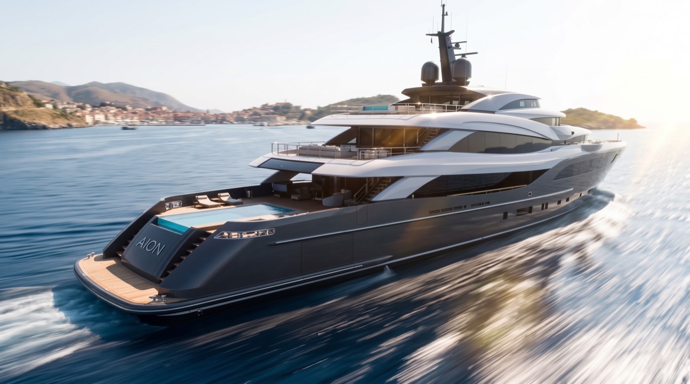 Superyacht underway at sunset with motion-blurred wake